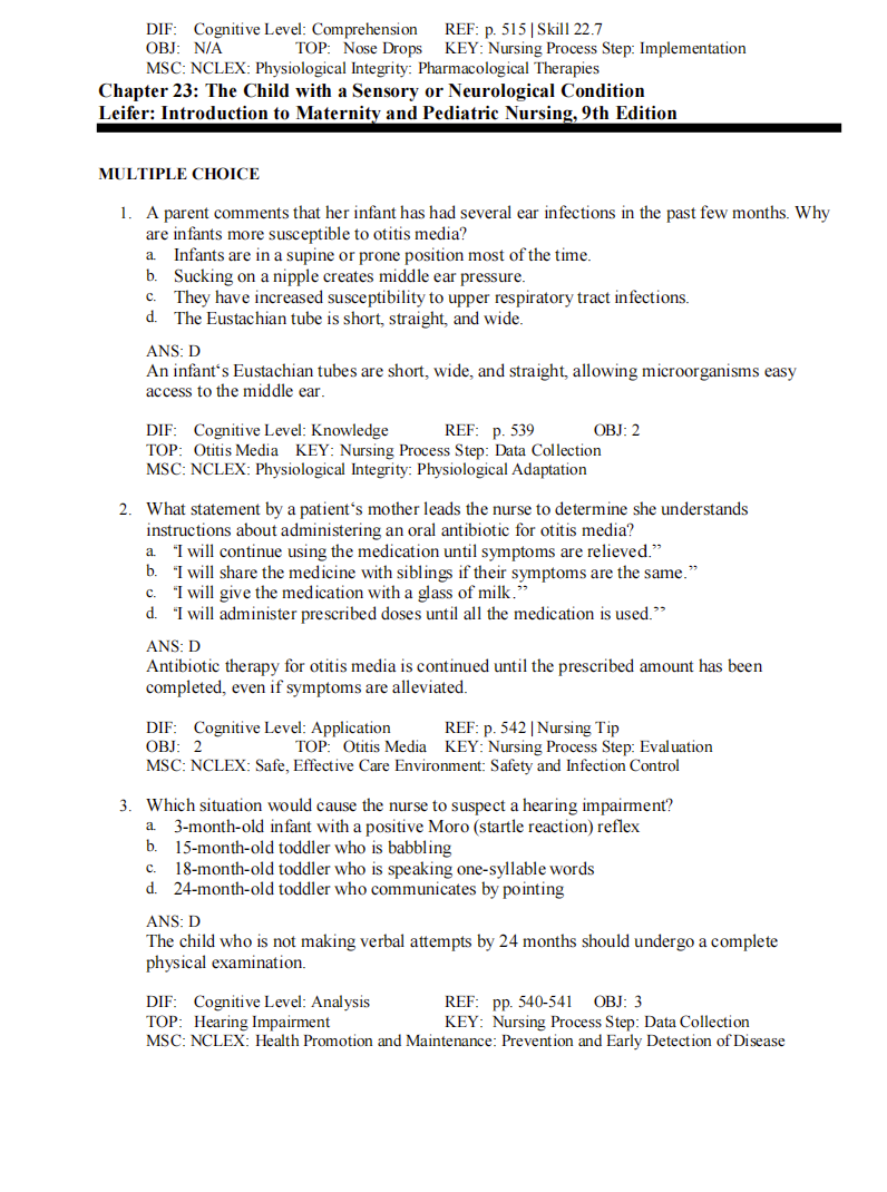 Testbank Introduction to Maternity and Pediatric Nursing, 9. Auflage