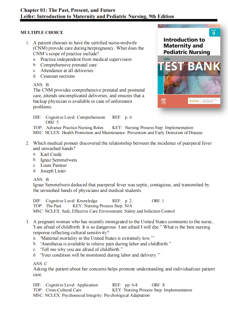 Testbank Introduction to Maternity and Pediatric Nursing, 9. Auflage