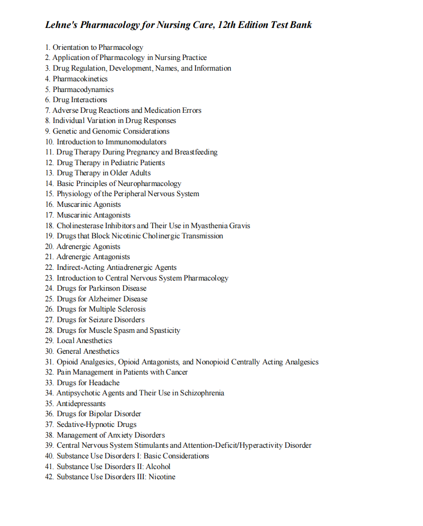 Testbank Lehne’s Pharmacology for Nursing Care, 12. Auflage