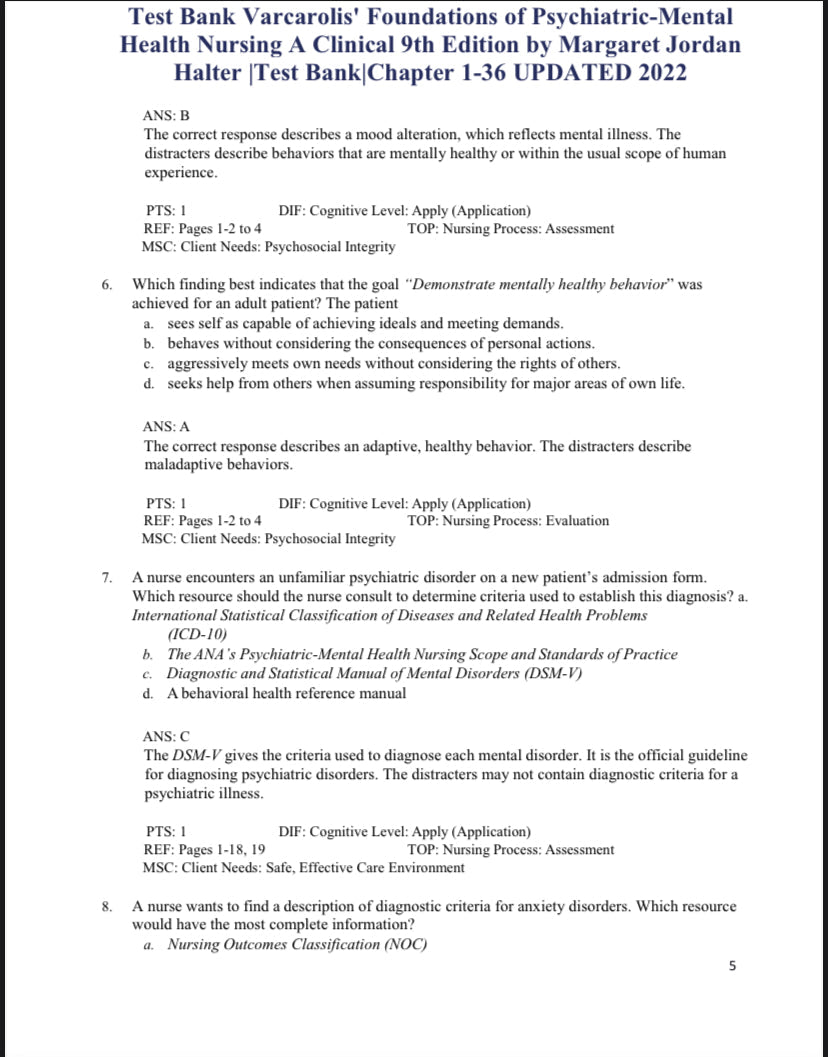 Testbank Varcarolis’ Foundations of Psychiatric-Mental Health Nursing, 9. Auflage von Halter